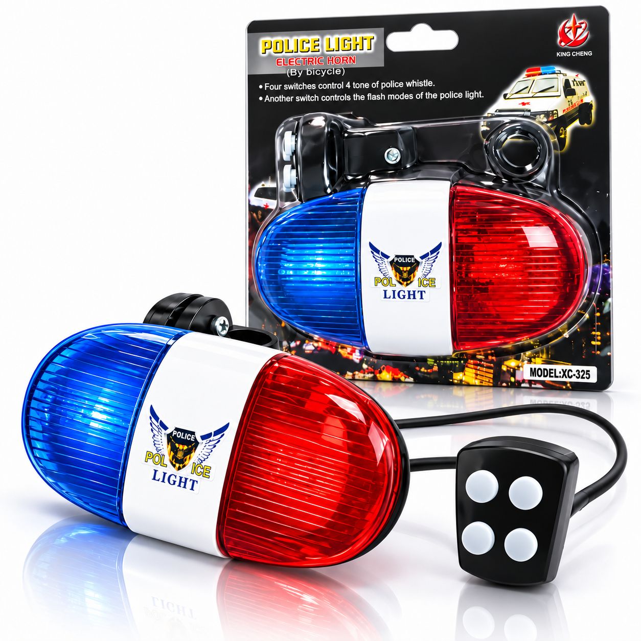 چراغ پلیسی و بوق برقی دوچرخه King Cheng XC-325 | چراغ هشدار LED با کنترل فرمان